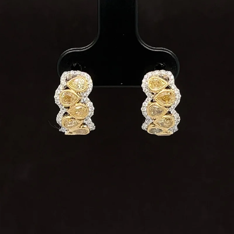 Women’s chic hoop earrings-Yellow & White Diamond Half-Hoop Wreath Leaf Earrings in 18k Two-Tone Gold - #585 - ERDIA355796