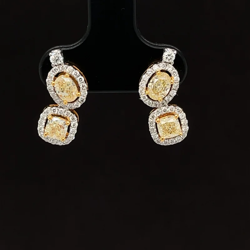 Women’s silver earrings-Fancy Yellow Diamond Double Halo Dangle Diamond Earrings in 18k Two-Tone Gold - (#197 - ERDIA 349922)