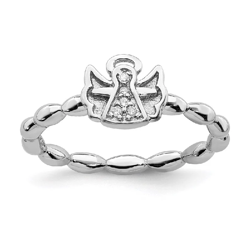 Women’s floral engagement ring-Sterling Silver Stackable Expressions Polished Diamond Angel w/halo Ring | QSK1843