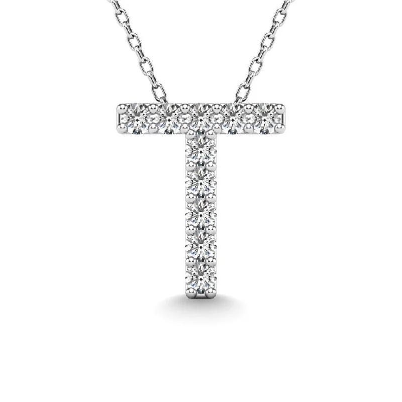 Women’s long necklace-Diamond 1/10 Ct.Tw. Letter T Pendant in 14K White Gold"