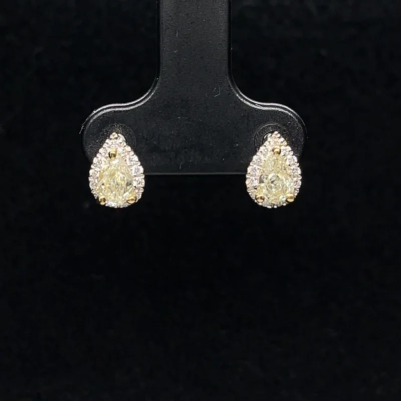 Women’s contemporary earrings-Fancy Yellow & White Diamond Halo Pear Stud Earrings in 18k Two Tone Gold - (#129-JE0147GP)