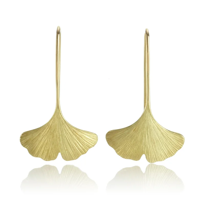 Women’s gold drop earrings-Brushed Gold Ginkgo Leaf Drop Earrings