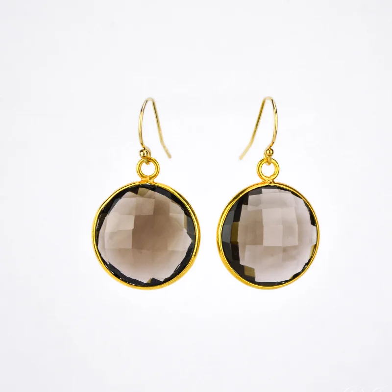 Women’s statement stud earrings-Smoky Quartz Large Round Vermeil Gold or Sterling Silver Bezel Set Earrings