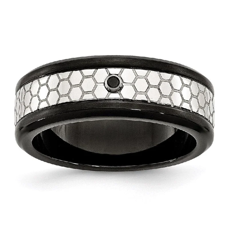 Women’s simple engagement ring-Stainless Steel Polished w/Brushed Black IP-plated 2pt. Diamond 8mm Band