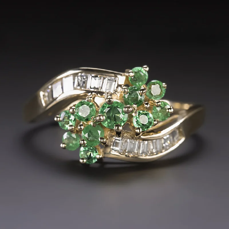 Women’s antique diamond engagement ring-1ct EMERALD DIAMOND COCKTAIL RING VINTAGE CLUSTER BYPASS 14k YELLOW GOLD NATURAL