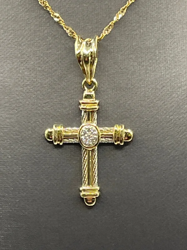 Women’s floral necklace-Ladies or Gents 14 Karat Solid Two-Tone Gold and Diamond Cross Pendant