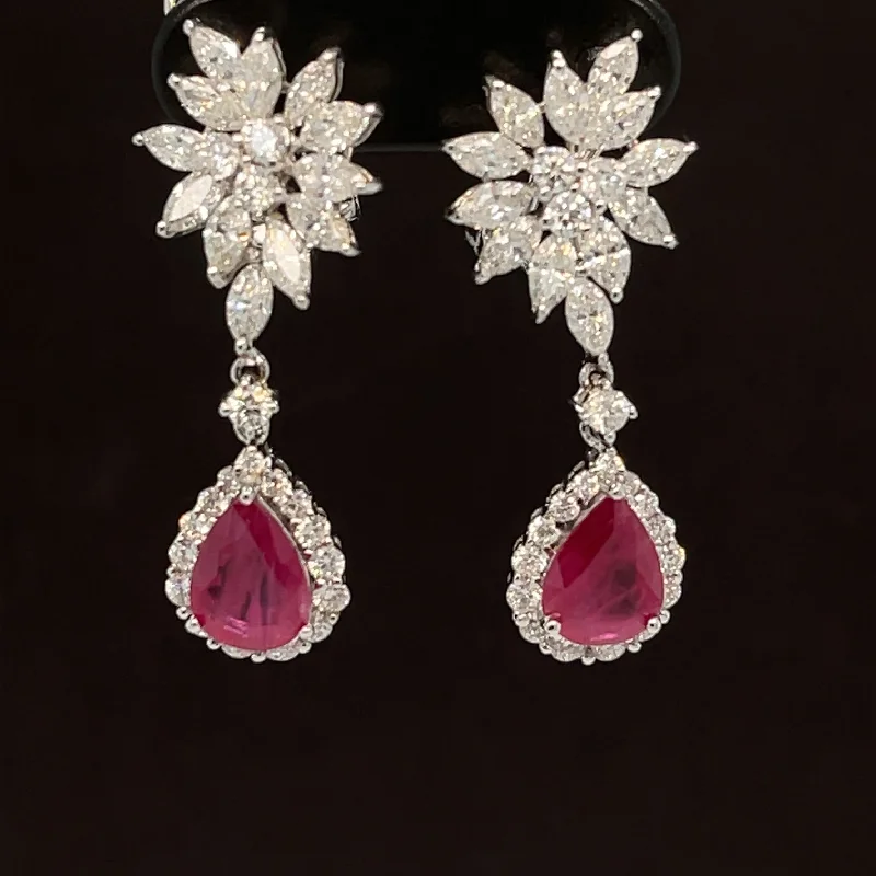 Women’s glamorous earrings-Ruby & Diamond Poinsettia Double Drop Earrings in 18k White Gold - #583 - ERRUB032786