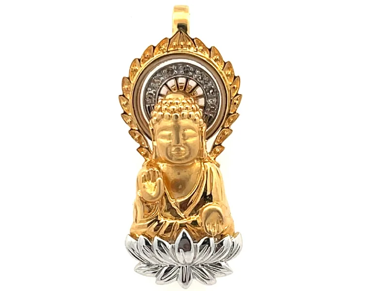 Women’s boho necklace-Buddha on Lotus Diamond Pendant in 18k Yellow and White Gold