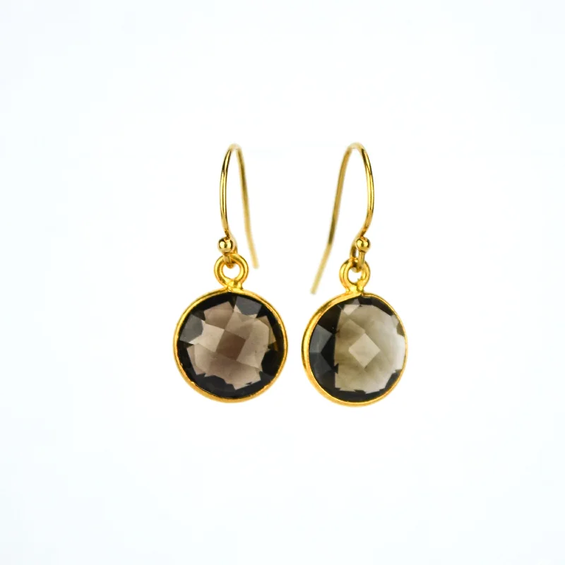 Women’s cubic zirconia earrings-Smoky Quartz round bezel set Earrings