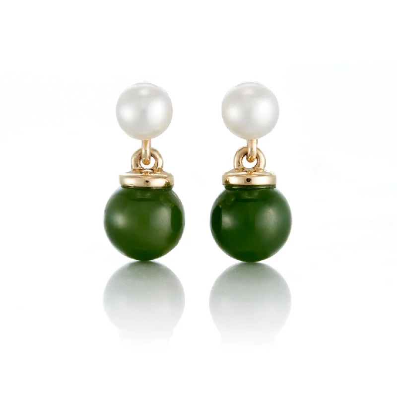 Women’s gold hoop earrings-Pearl & Green Nephrite Jade Drop Earrings