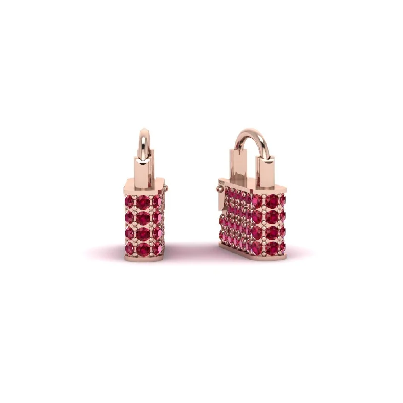 Women’s pendant earrings-Gold Padlock Hoop Ruby Earrings - Queenie No. 11