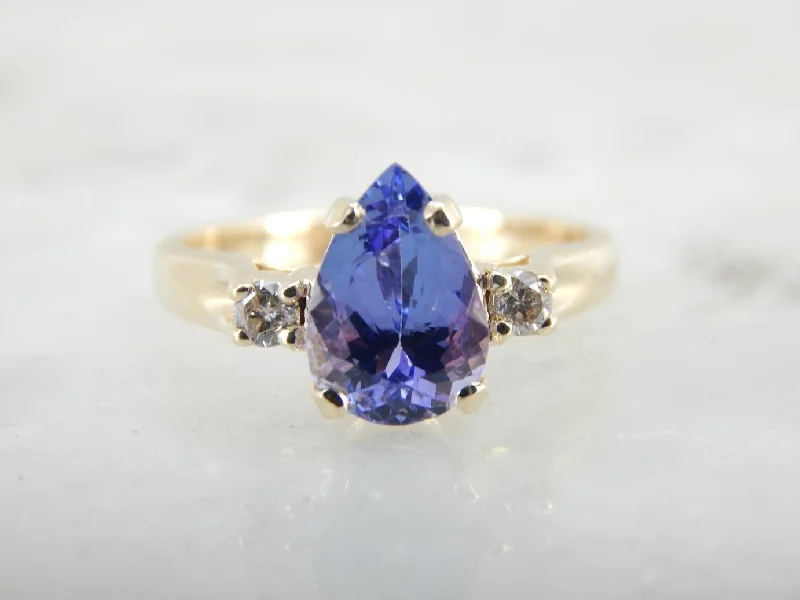 Women’s emerald engagement ring-Tanzanite Teardrop, Indigo Gem and Diamond Cocktail Ring