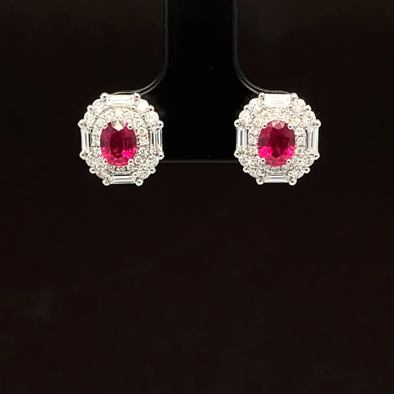 Women’s vintage-inspired earrings-Oval Ruby & Diamond Art Deco Earrings in 18k Yellow Gold - #586 - ERRUB041798