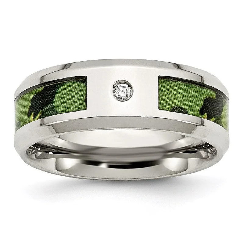 Women’s solitaire diamond engagement ring-Stainless Steel Polished Camouflage Diamond Band