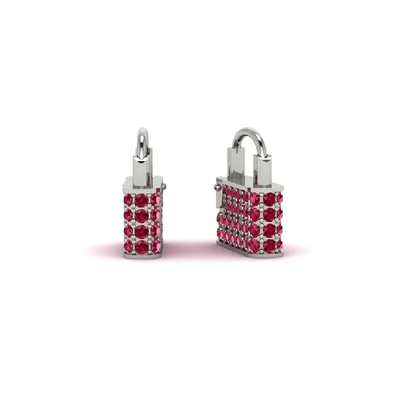 Women’s diamond drop earrings-Gold Padlock Hoop Ruby Earrings - Queenie No. 12