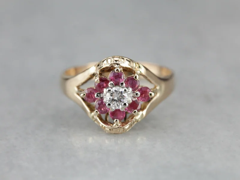 Women’s yellow diamond engagement ring-Floral Diamond and Ruby Cocktail Ring