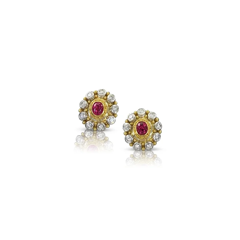 Women’s gold stud earrings-Cherry Spinel and Diamond Stud Earrings