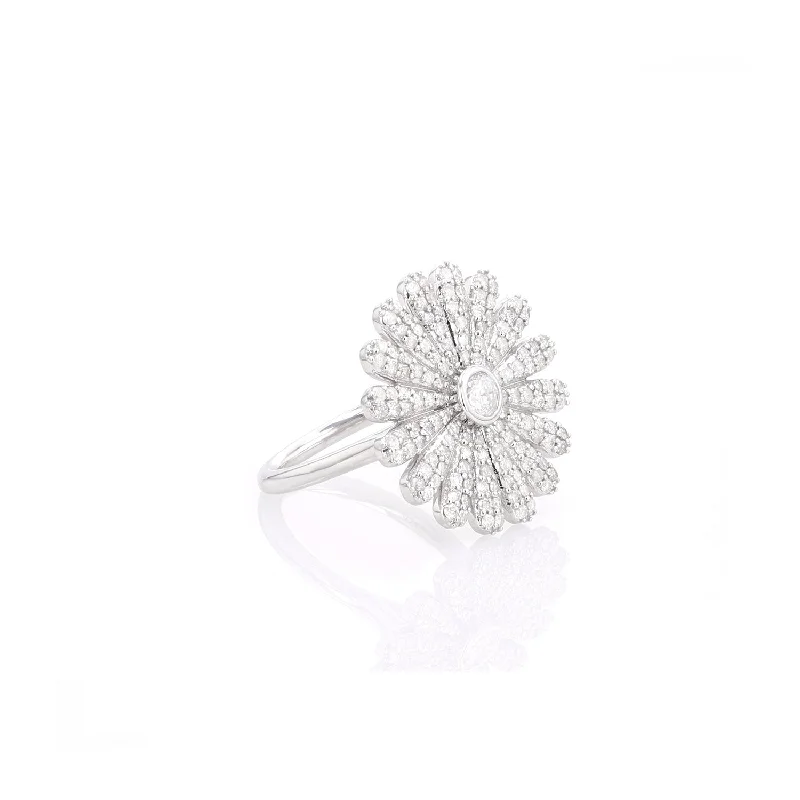 Women’s affordable diamond engagement ring-Large Silver & Pave Diamond Daisy Flower Ring  R0424