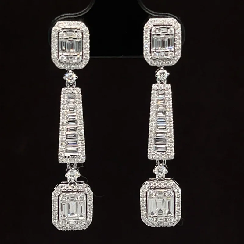 Women’s butterfly earrings-Diamond Art Deco Vintage Linear Dangle Drop Earrings in 18k White Gold - #596 - ERDIA357194