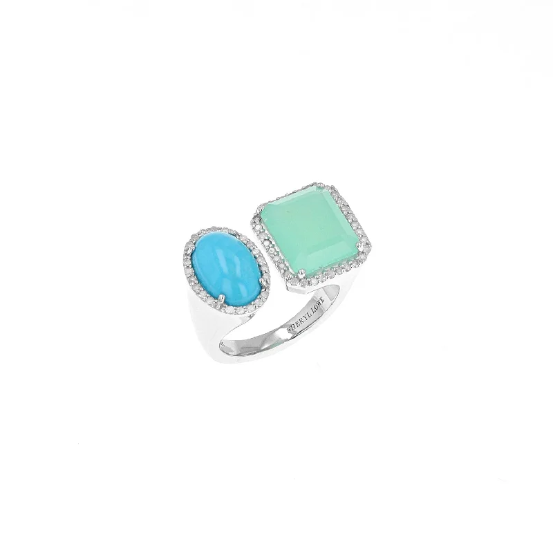 Women’s glamorous engagement ring-Diamond Halo Two Stone Silver Ring - Turquoise & Chrysoprase  R0498-8