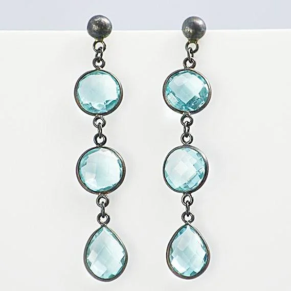 Women’s engraved earrings-Blue Topaz Triple drop Bezel Set Stud Earrings - December Birthstone