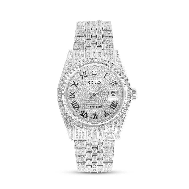 Women’s promise engagement ring-Full Diamond White Gold 36MM Rolex DateJust Silver Diamond Dial