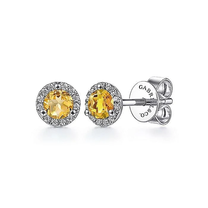 Women’s large earrings-14K White Gold Citrine and Diamond Halo Stud Earrings