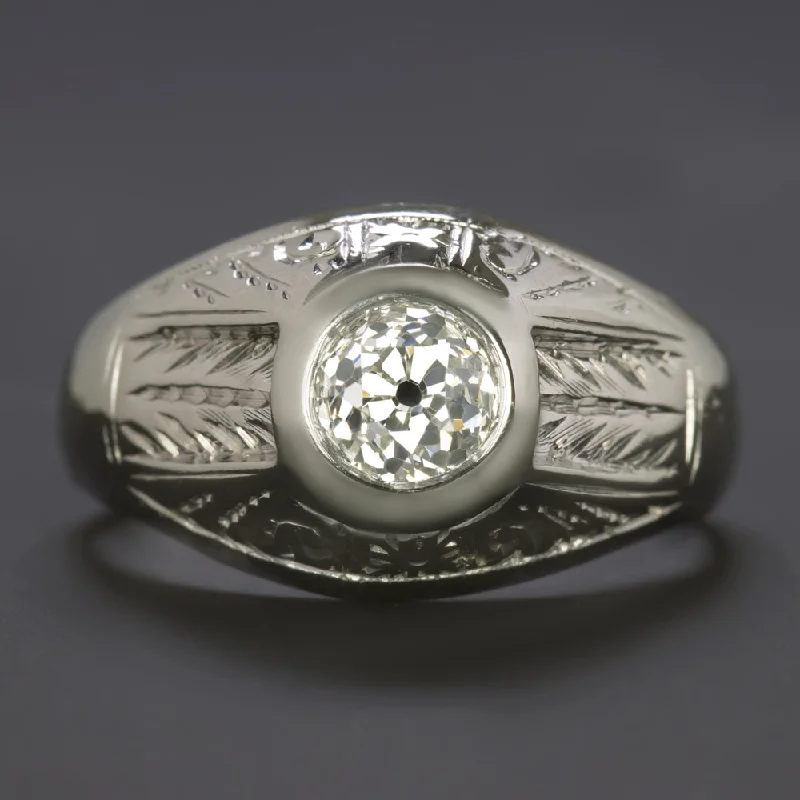 Women’s art deco engagement ring-0.65ct OLD MINE CUT DIAMOND SOLITAIRE RING ANTIQUE 18k WHITE GOLD ENGRAVED DOME