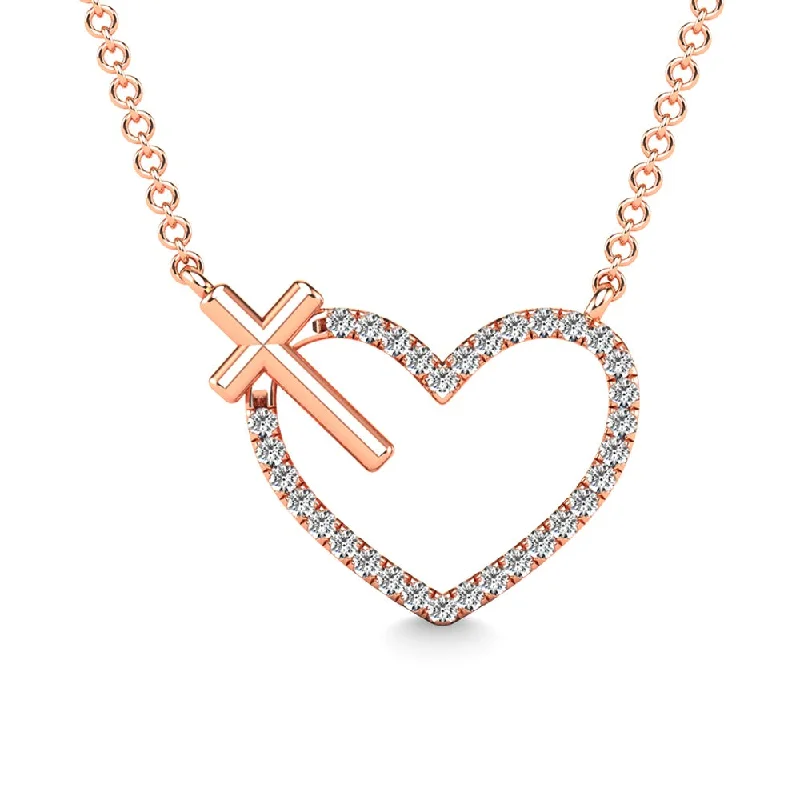 Women’s solitaire pendant necklace-10K Rose Gold Diamond 1/10 Ct.Tw. Heart and Cross Pendant