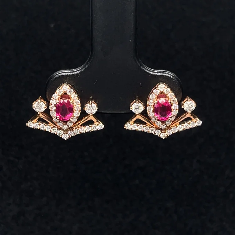 Women’s ruby earrings-Ruby & Diamond Art Deco Stud Earrings in 18k Rose Gold - (#22-HERUB000165)