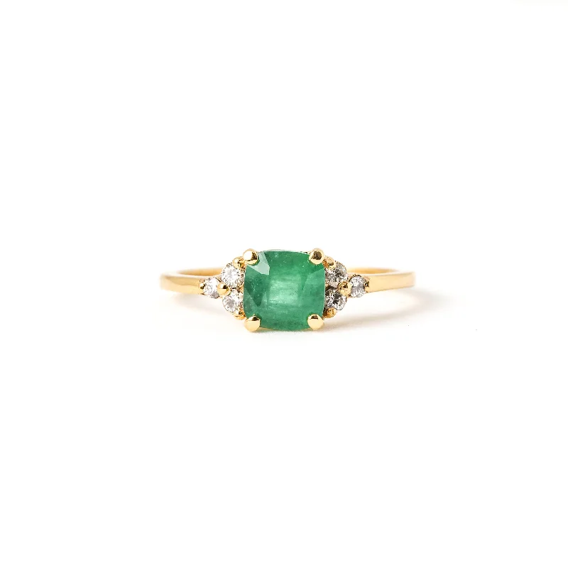 Women’s unique gemstone engagement ring-Ring with Cushion Cut Emerald (0.93 ct) and Diamonds, Solid 14k Gold | ONE-OF-A-KIND