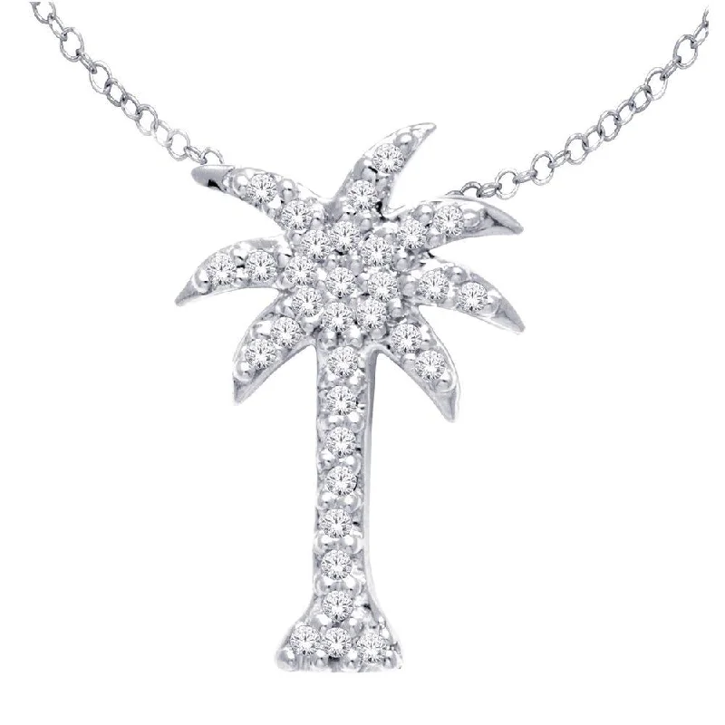 Women’s engraved bar necklace-14K White Gold 1/10Ct Diamond Palm Tree Pendant