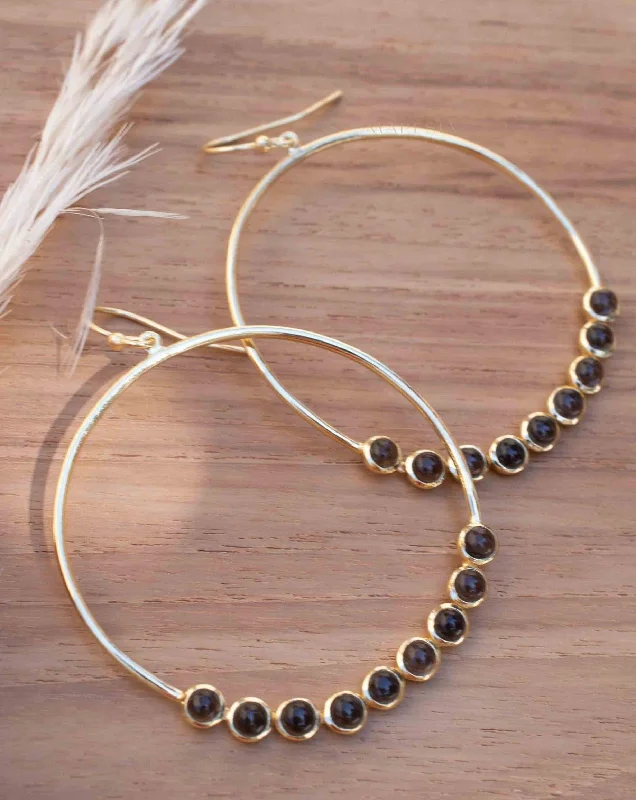 Women’s hoop earrings-Smoky Quartz Large Round 18k Gold Plated Earrings ~ ME209