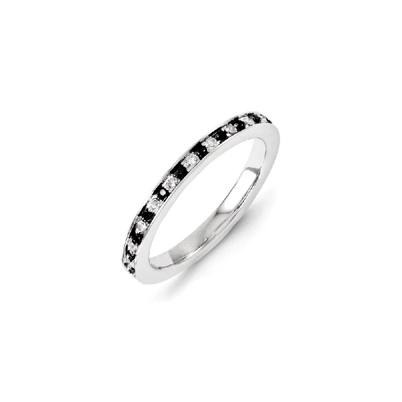 Women’s emerald engagement ring-Sterling Silver Rhodium Plated Black & White Diamond Stackable Ring | QSK1077