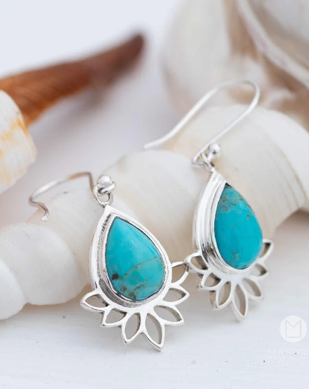 Women’s diamond drop earrings-Lotus flower Turquoise or Moonstone Earrings ~ Sterling Silver 925 ~ ME155