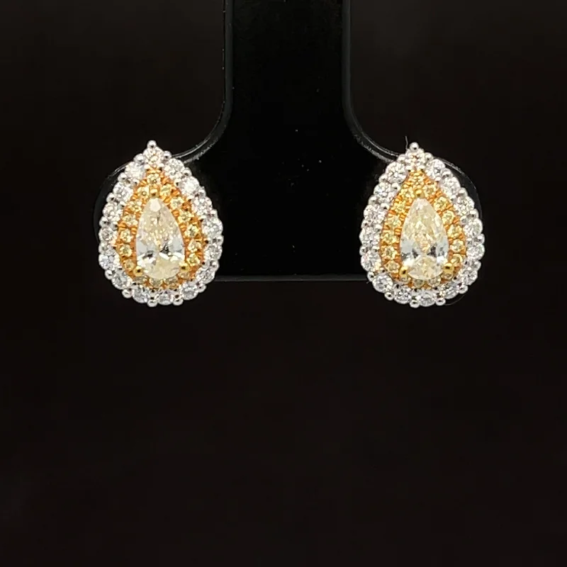 Women’s emerald earrings-Yellow & White Diamond Pear Double Halo Stud Earrings in 18k Two-Tone Gold - #591 - ERDIA355184