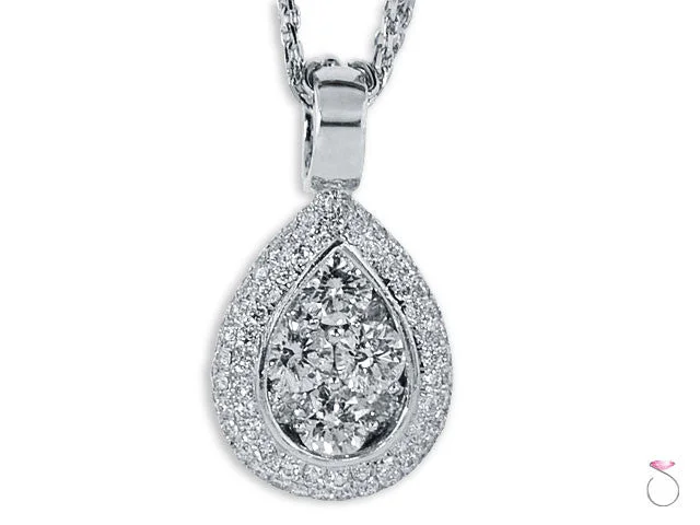 Women’s minimal pendant necklace-Teardrop Shape Diamond Cluster Halo 1.55ct DWT White Gold Pendant 18K