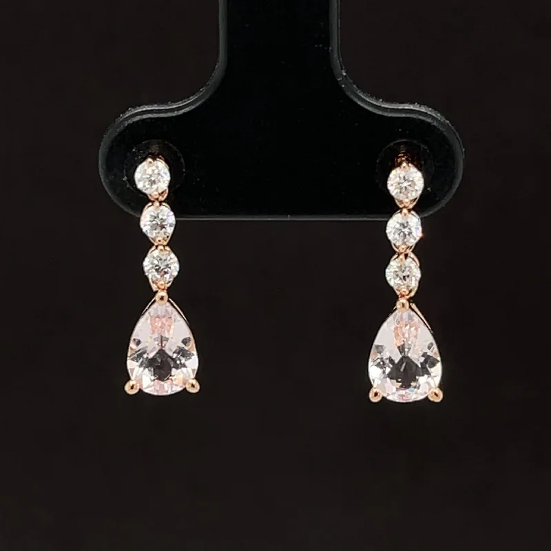 Women’s silver drop earrings-Morganite & Diamond 1.39ctw Raindrop Linear Dangle Earrings in 18k Rose Gold - #334 - ERMOR000030