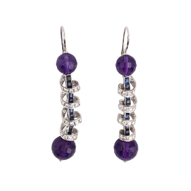 Women’s pearl drop earrings-Amethyst, Diamond & Sapphire Barber Pole Dangle Earrings