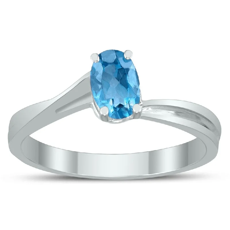 Women’s gold wedding ring-Solitaire Oval 6X4MM Blue Topaz Gemstone Twist Ring in 10K White Gold