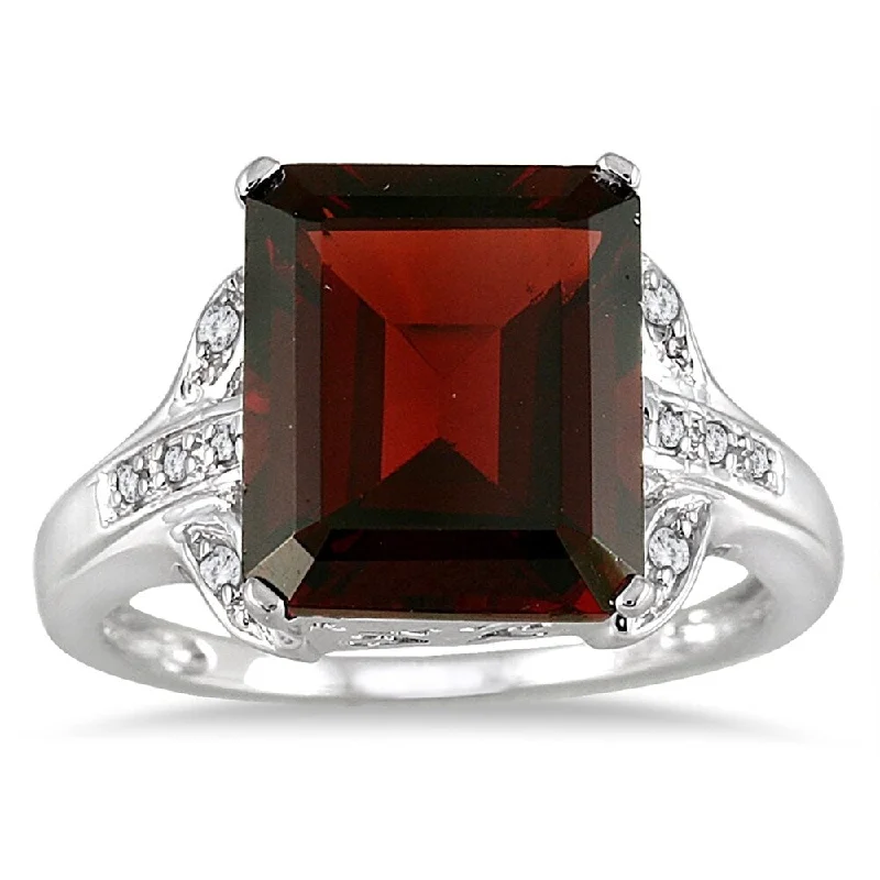 Women’s handmade ring-6 3/4 Carat Emerald Cut Garnet and Diamond Ring in 10K White Gold