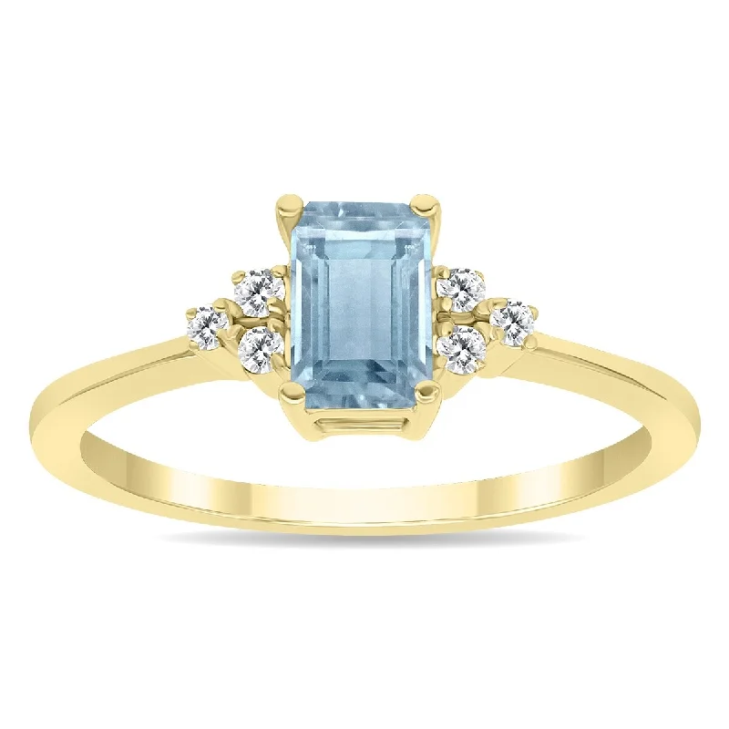 Women’s fashion statement ring-Aquamarine and Diamond Regal Ring in 10k Yellow Gold