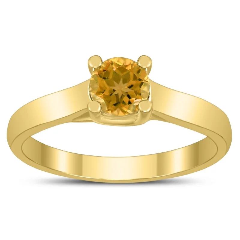 Women’s handmade ring-Round 5MM Citrine Cathedral Solitaire Ring in 10K Yellow Gold