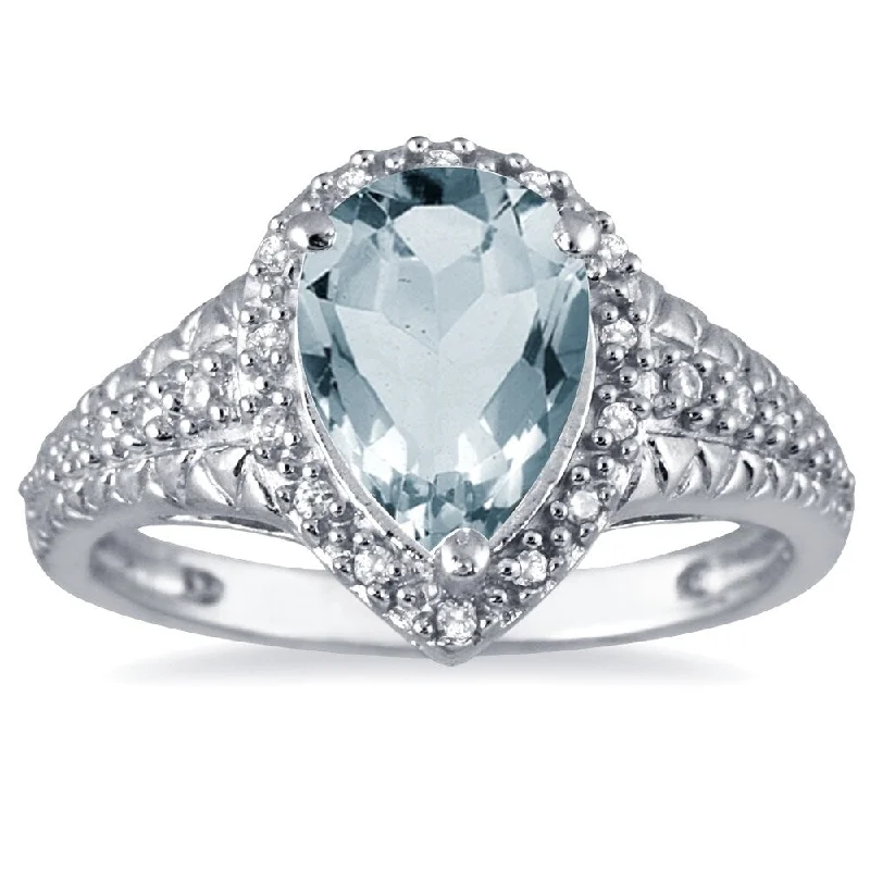 Women’s engraved ring-2 Carat Pear Shaped Aquamarine and Diamond Ring in 10K White Gold