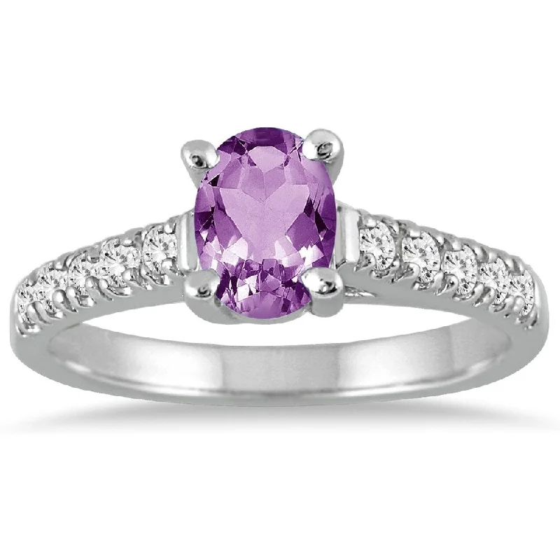 Women’s double band ring-1 Carat Oval Amethyst and Diamond Ring in 14K White Gold