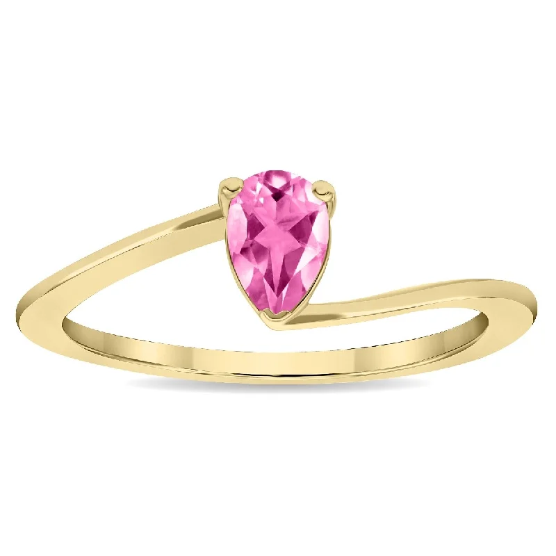 Women’s two-tone ring-Women's Solitaire Pear Shaped Pink Topaz Wave Ring in 10K Yellow Gold