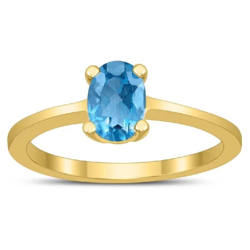 Women’s gold ring-Oval Solitaire 7X5MM Blue Topaz Ring in 10K Yellow Gold