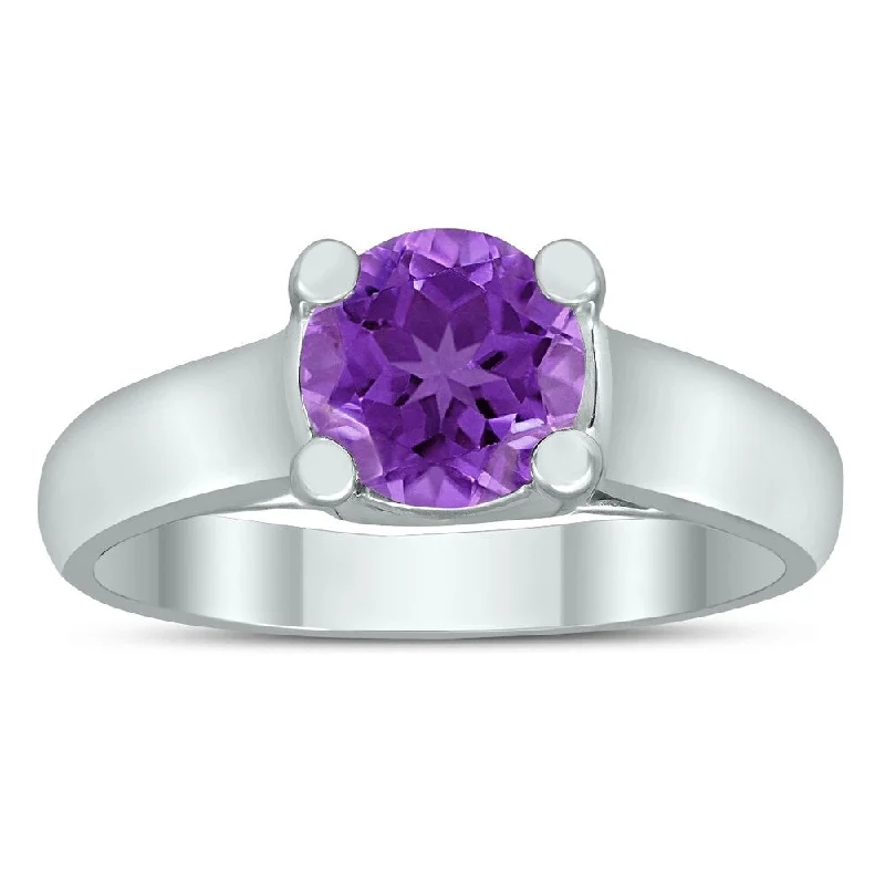 Women’s nature-inspired ring-Round 7MM Amethyst Cathedral Solitaire Ring in 10K White Gold