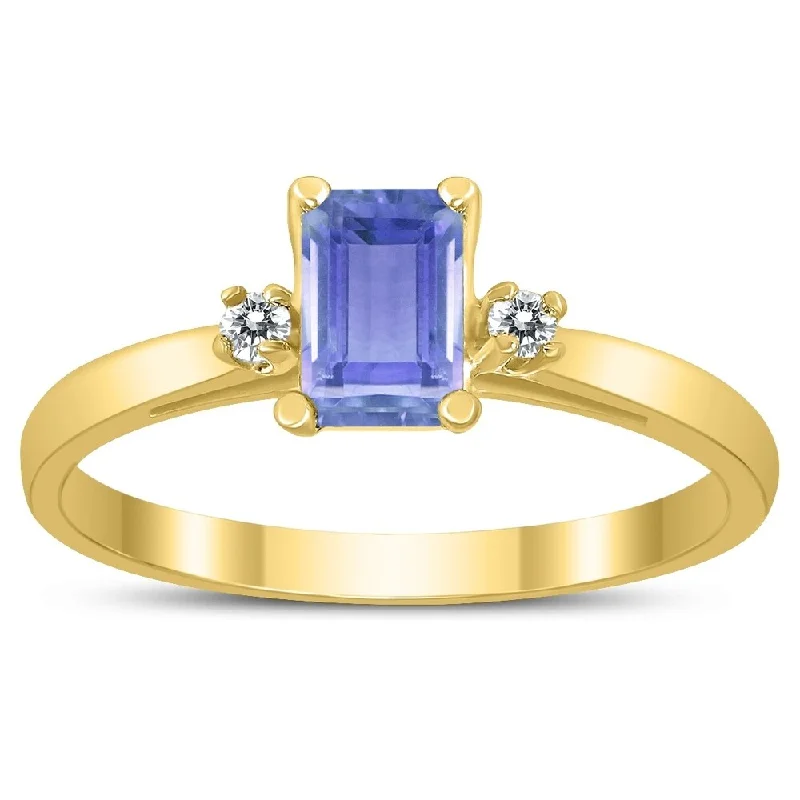 Women’s custom ring-Emerald Cut 6X4MM Tanzanite and Diamond Three Stone Ring in 10K Yellow Gold