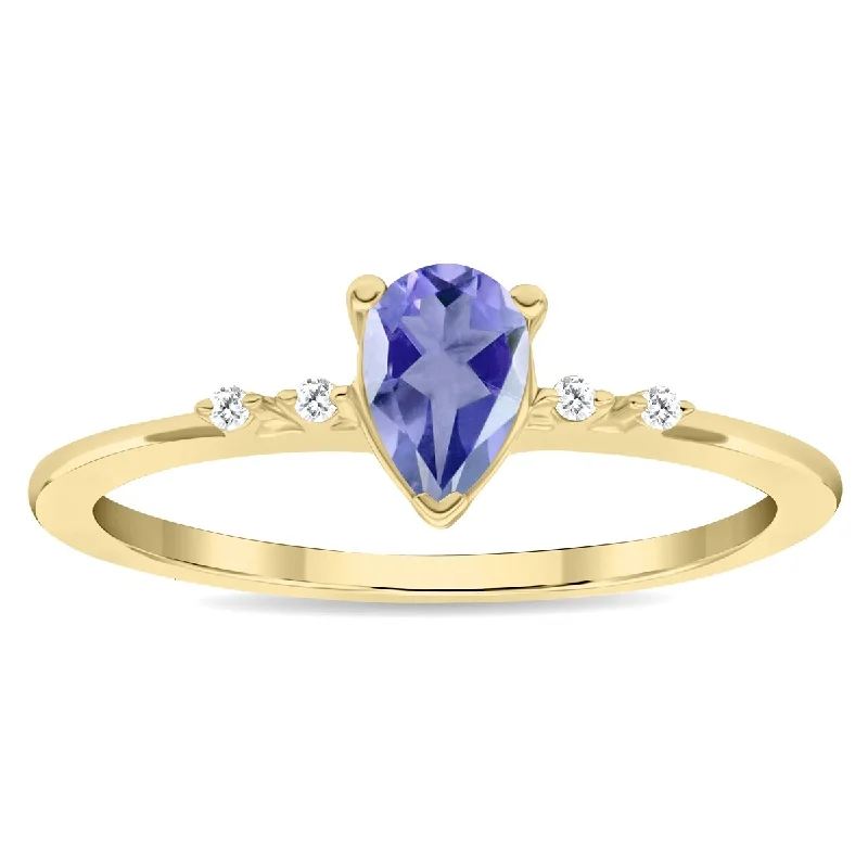 Women’s modern diamond ring-Women's Pear Shaped Tanzanite and Diamond Sparkle Ring in 10K Yellow Gold